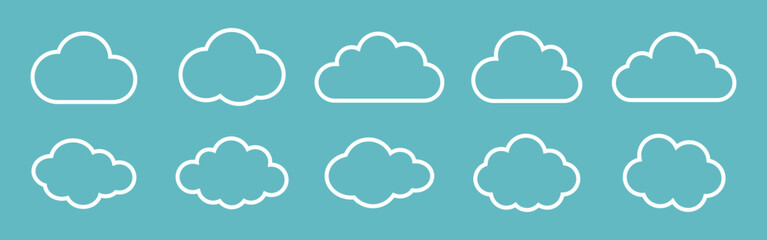 Vector illustration of the clouds set. Clouds collection in outline style. White cloudy set isolated on blue background. White clouds of different shapes. Collection of different white clouds.