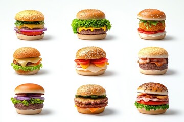 Poster - Fast food Burger  Chicken  Meat  Different type of sandwiches on a white background.