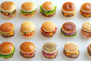 Canvas Print - Fast food Burger  Chicken  Meat  Different type of sandwiches on a white background.