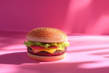 Poster - Hamburger with pink background with dappled light  burger