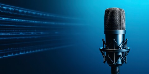 Poster - A professional microphone with a waveform pattern displayed on a blue background banner, suitable for a podcast or recording studio setting. 