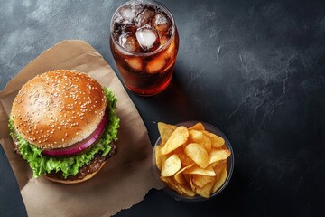 Poster - Sandwich  potato fries chips and cola with ice. Fast food take away. Top view with copy space