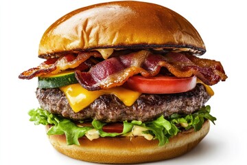 Wall Mural - single fresh burger with beef  cheese  bacon and vegetables isolated on white background  burger