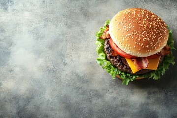 Sticker - Delicious homemade burger with beef  cheese  bacon  and lettuce.