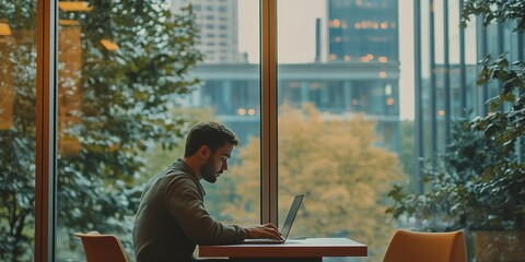 Wall Mural - A man working on a laptop computer by the window in an office building with a great view 