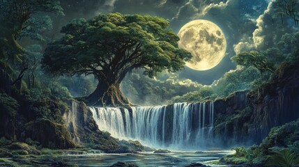 a large tree sits atop a cascading waterfall under a full moon in a lush, moonlit forest.