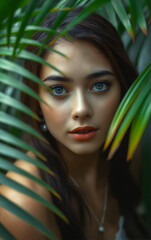 Wall Mural - Portrait of a young woman on a tropical beach with palm leaves.