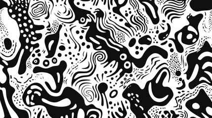 Wall Mural - abstract black and white swirl pattern with dots and curves.