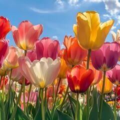 Blooming tulips in a rainbow of colors, swaying gently in a sunny spring breeze against a backdrop of blue skies