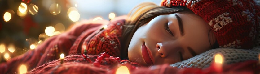 Young woman peacefully sleeping in cozy holiday setting, adorned with festive lights and knit hat.