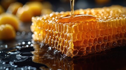 Wall Mural - Close-up of honeycomb with honey drizzling over it.