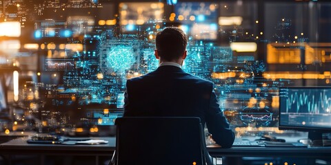 Canvas Print - A businessman collaborates with AI algorithms, fostering innovation in a high-tech environment to stay ahead 