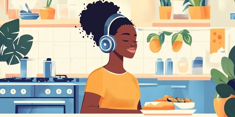 Sticker - a Black woman listening to a motivational podcast while preparing breakfast 