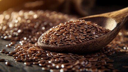 Wall Mural - Close-up of Flax Seeds in a Wooden Spoon