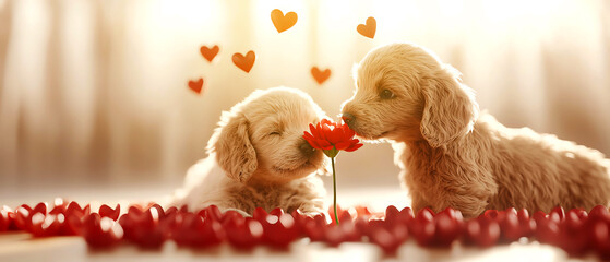 Two adorable puppies sharing a flower, surrounded by hearts, creating a heartwarming scene of love and companionship.