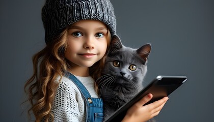 Sticker - Girl engrossed in tablet with playful grey cat by her side