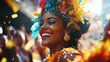 © h4kunA - A young woman in a colorful feathered headdress smiles brightly while confetti falls around her at a festival.