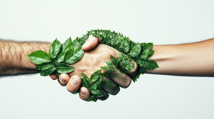 Two hands shaking in a green plant