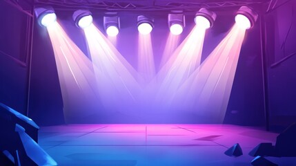Wall Mural - Empty stage with six spotlights shining bright white light against a purple background.