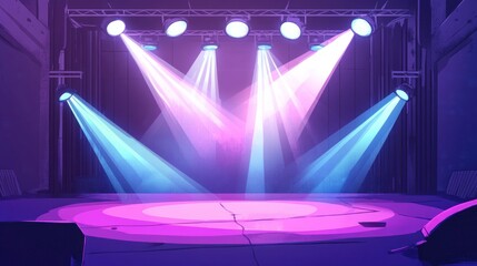 Wall Mural - Empty stage with spotlights and light beams in purple and blue.