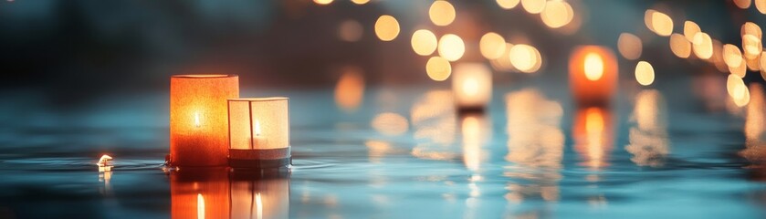 Wall Mural - Candles Floating on Water with Bokeh Lights