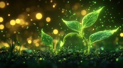 Wall Mural - A plant with green leaves is lit up with a glow