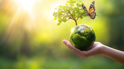 Wall Mural - A hand holding a globe with a tree and a butterfly on it