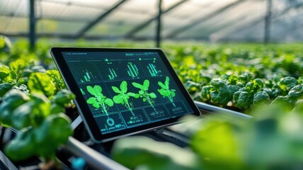 Digital tablet displaying real-time plant data, connected to smart farming sensors in a high-tech greenhouse