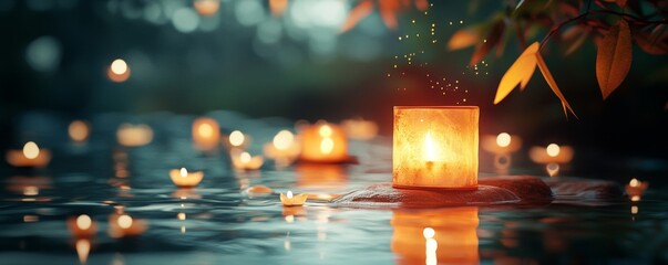 Wall Mural - Glowing Lanterns Floating on Water