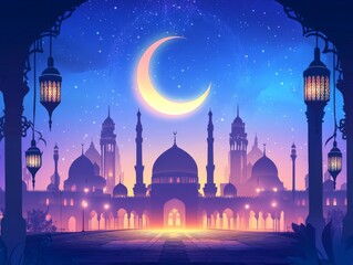 elegant ramadan background with a large crescent moon , islamic concept