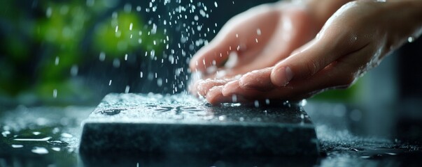 Wall Mural - Water Droplets Falling on Hands and Stone