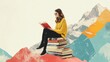 © h4kunA - Young woman sitting on stack of books reading in front of mountain landscape.