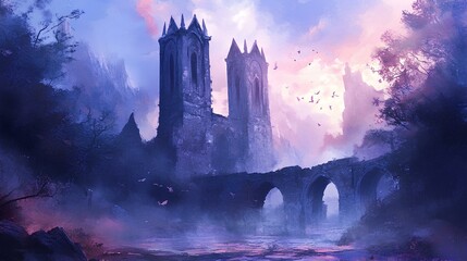 Poster - A hauntingly beautiful landscape featuring a dark, crumbling castle silhouetted against a mystical, colorful sky.