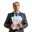 © AlexCaelus - Businessman in suit holding documents with serious expression, symbolizing stress or responsibility in corporate environment.