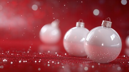 Wall Mural - Some white transparent Christmas balls with glittering red background. For christmas card, christmas sale, christmas banner, christmas poster, or christmas sale promotion