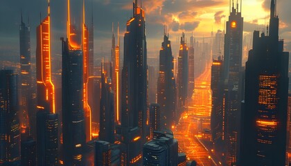 Wall Mural - Glowing Orange Lights Illuminate Futuristic High-Rise Cityscape