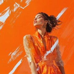 Wall Mural - Woman in orange transparent dress with white paint streaks behind.