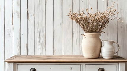 Wall Mural - Dried Flower Arrangement in Ceramic Vases on Wooden Tabletop