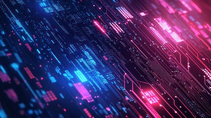 Wall Mural - Close-up view of a futuristic circuit board with glowing blue and pink lights.