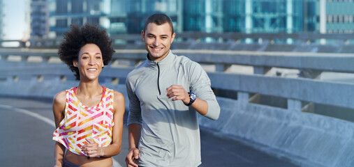 Canvas Print - Running, race and athlete with couple in city for start of training, fitness and wellness. Health, exercise and marathon workout with people for urban, cardio and sports performance together