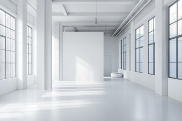 Poster - Minimalist open space interior with white walls and minimal furnishings, isolated on a white background
