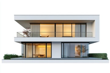 Poster - Modern minimalist house exterior with clean lines and large windows, isolated on a white background