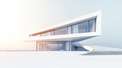 Poster - Modern minimalist house design with sharp geometric lines and large windows isolated on a white background