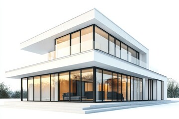 Poster - Modern minimalist house with large glass windows and flat roof, isolated on white background showcasing clean architectural lines and open spaces