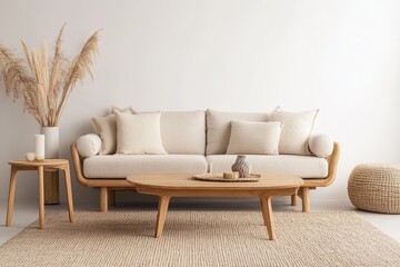 Leinwandbilder - Modern minimalist living room with Scandinavian furniture, neutral color palette, and natural wood accents isolated on white background