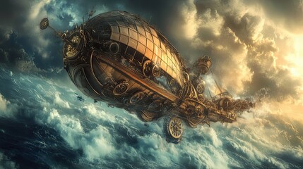 Wall Mural - A Steampunk Airship Soaring Over a Turbulent Sea