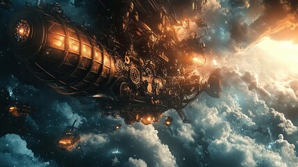 Wall Mural - a steampunk airship flying through clouds and stars