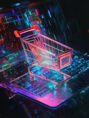 Canvas Print - Glowing shopping cart on a laptop created with Generative AI