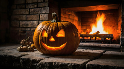 Wall Mural - halloween, pumpkin lantern, pumpkin in the fireplace, ai generated, light