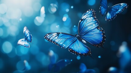 Enchanting blue butterfly with illuminated wings set against a winter wonderland background - fantasy art concept featuring ice-inspired butterfly design and winter imagery